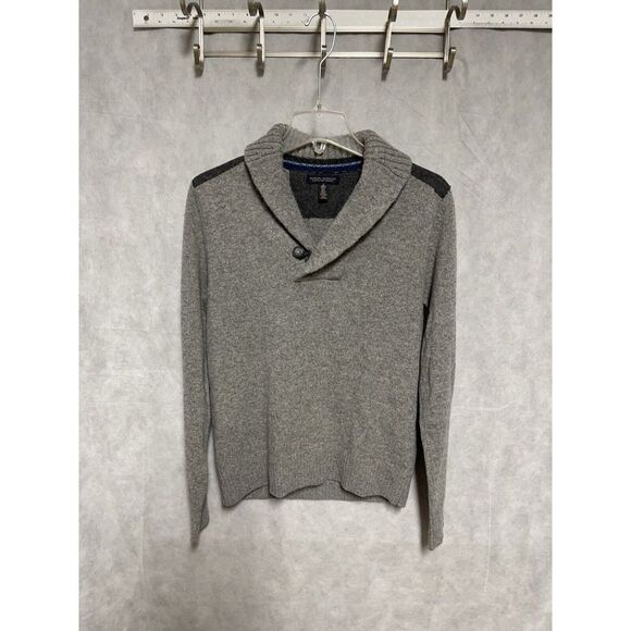 Banana Republic Sweater Men S Gray Shawl Merino Wool Cable Knit Pullover Flannel - Picture 1 of 11